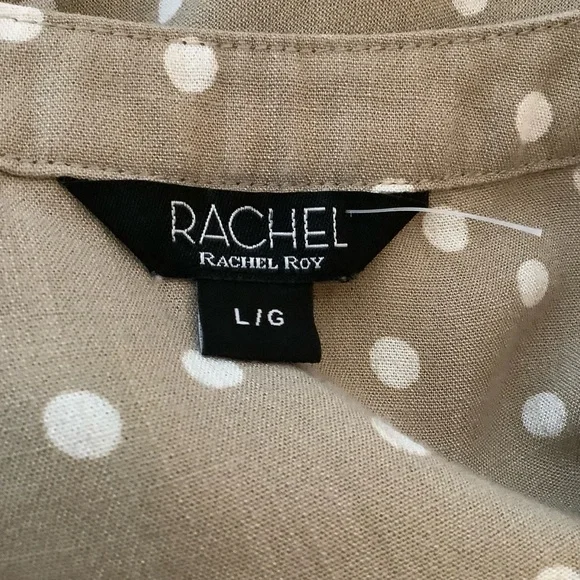 Rachel Roy Tan Polka Dot Split Neck Short Sleeve Blouse/ Size L - Picture 11 of 12